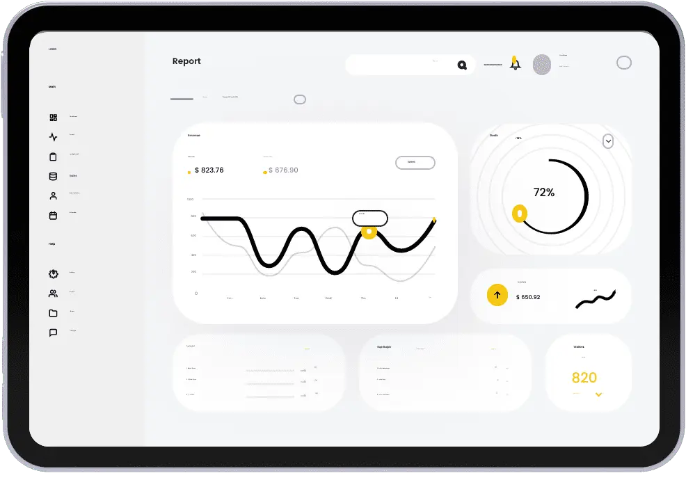 A tablet displaying a sleek dashboard interface with various design elements and data visualizations